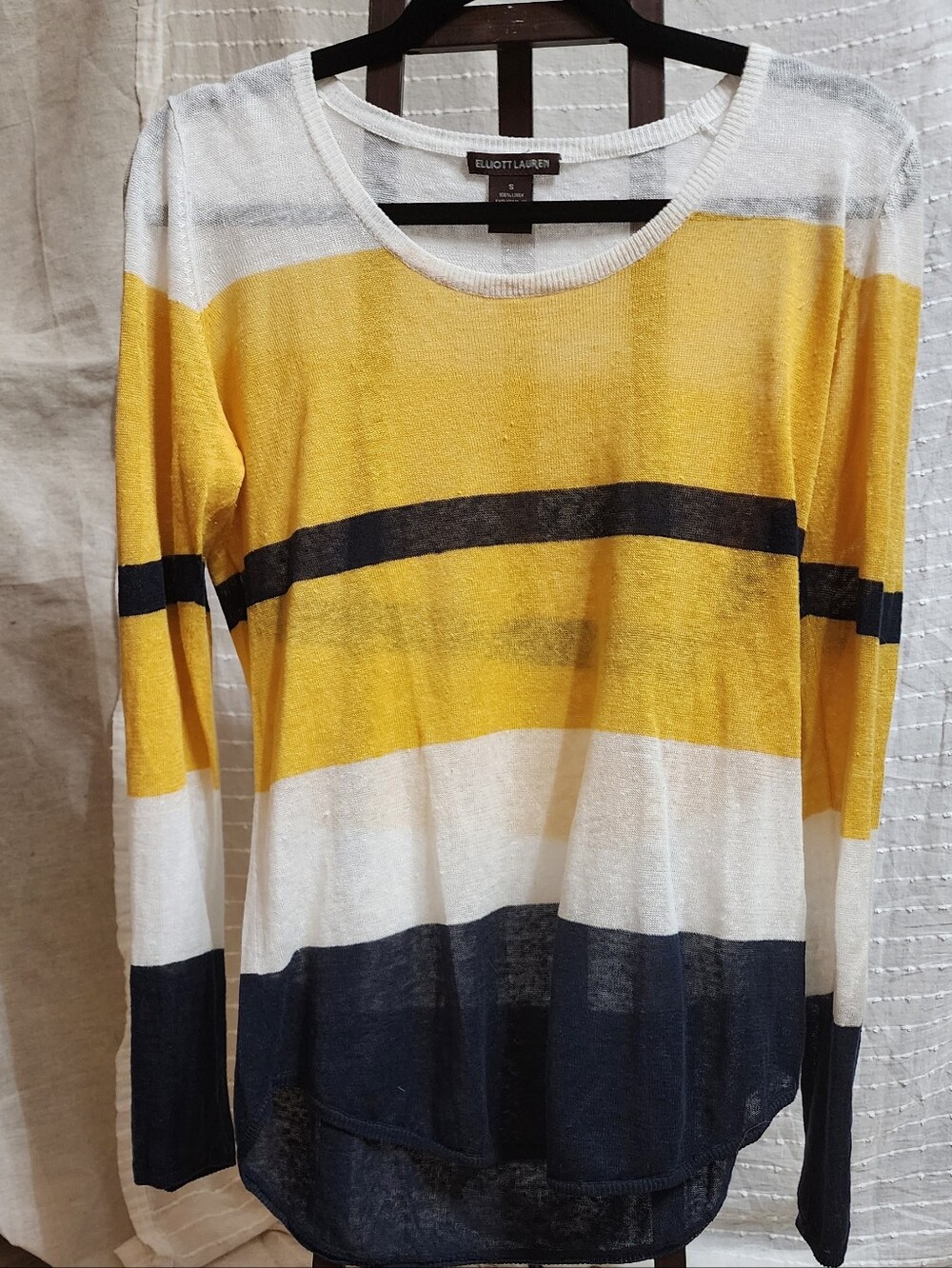 Elliott Lauren Linen Yellow Blue Crewneck with White Trim